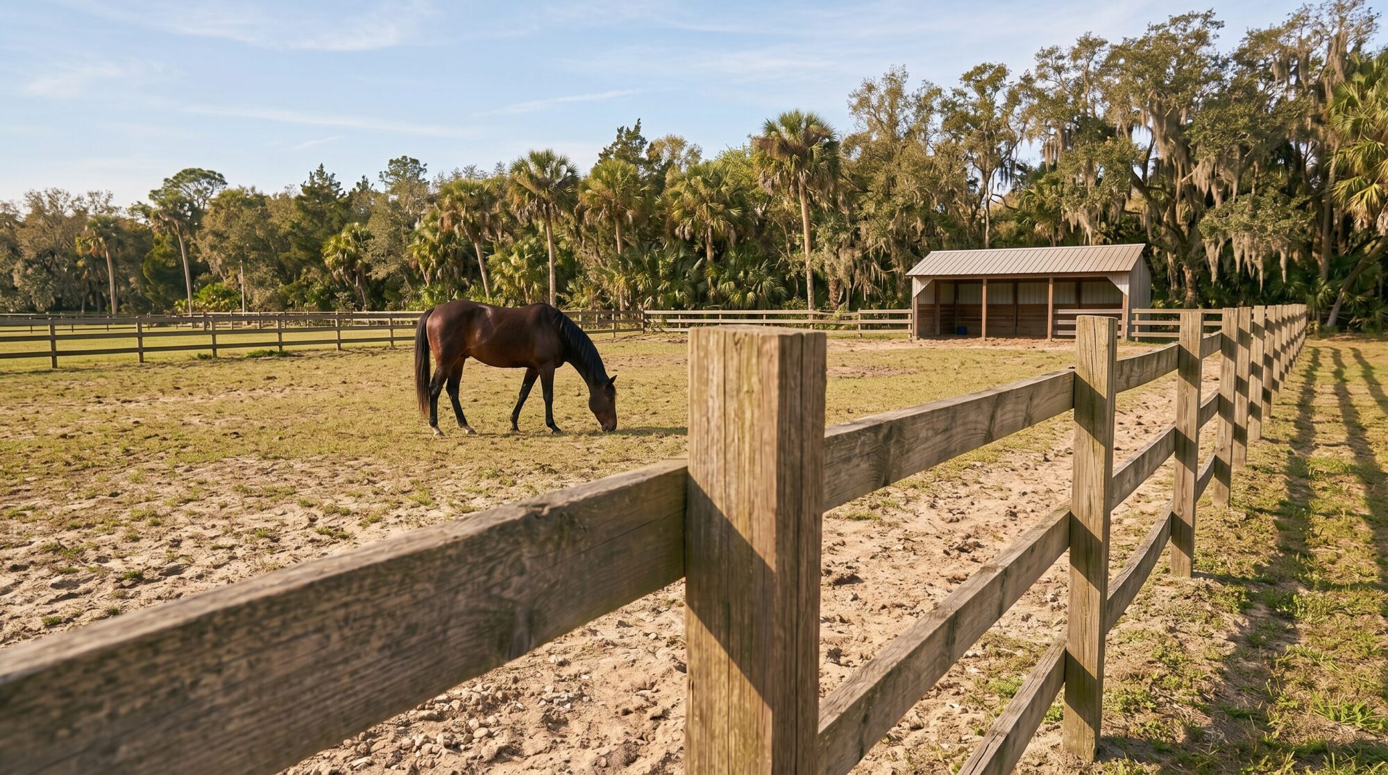 Horse grazing in a sandy Florida pasture beside a wood plank fence with palm trees in the background