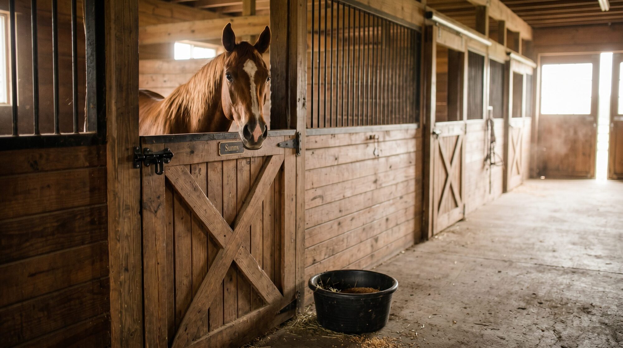 Horse looking over its stall door at feeding time in a barn aisle