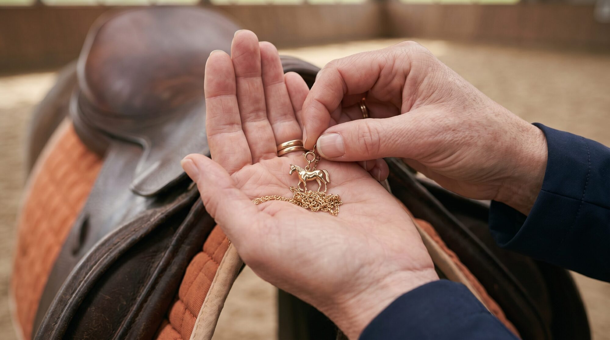 Close-up of hands clasping a delicate horse-pendant necklace