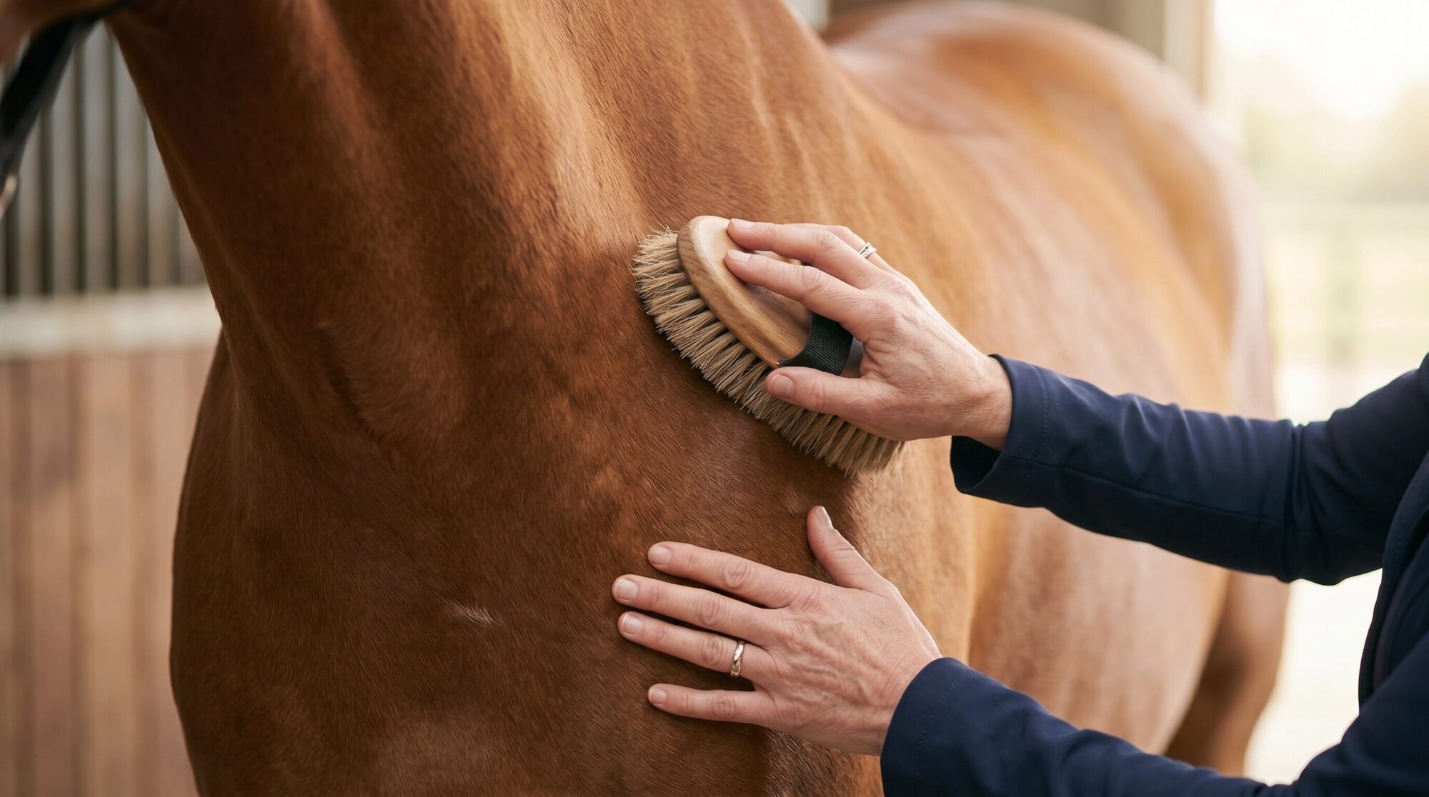 Close-up of hands gently grooming a horse's shoulder