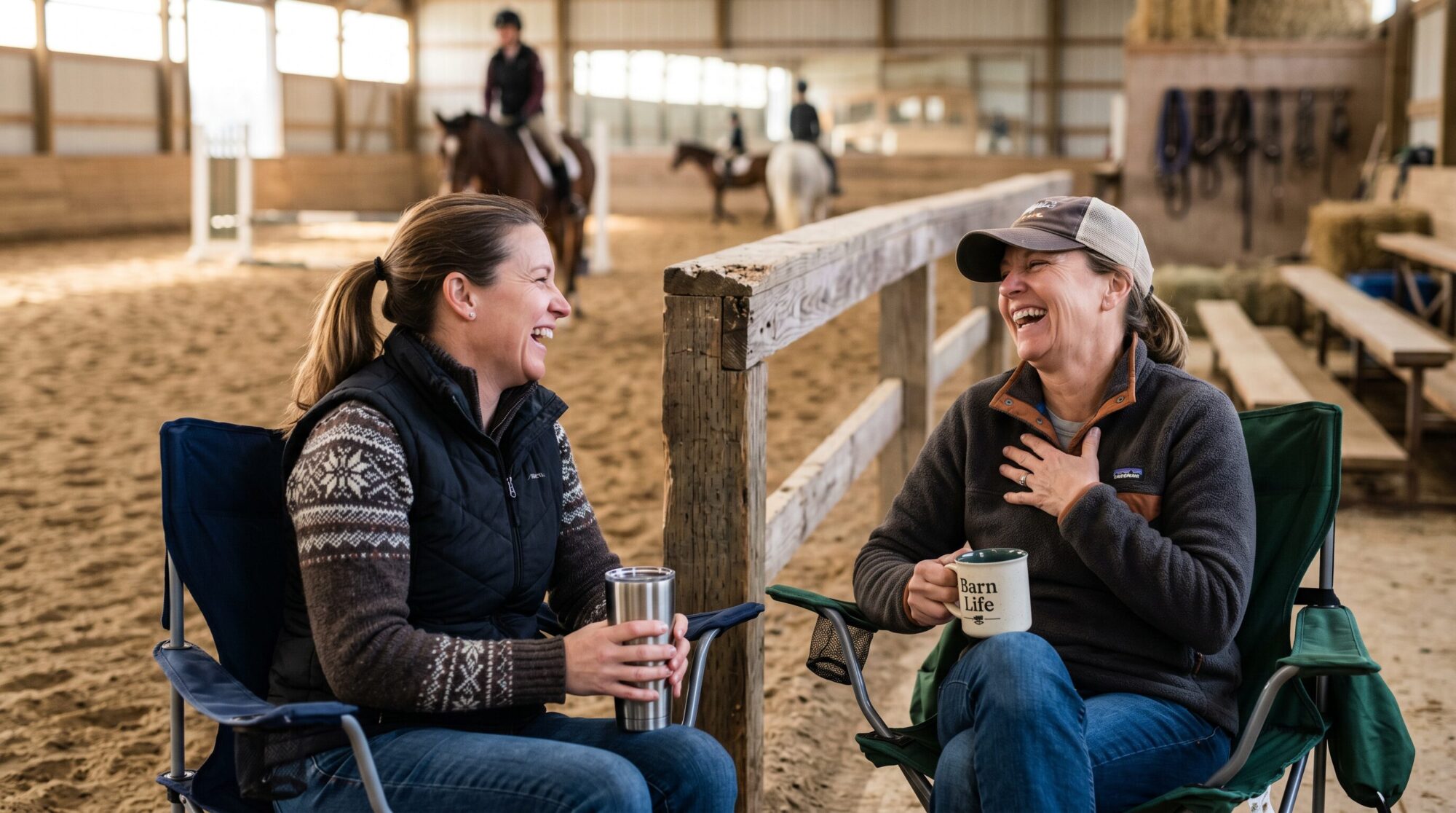 Two barn moms in camp chairs at the rail laughing over coffee
