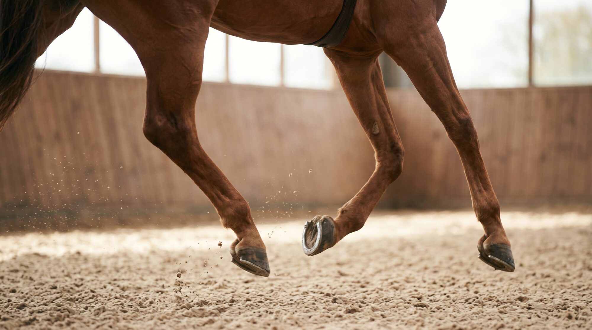 Close-up shot of a horse's diagonal leg pair in motion at the trot