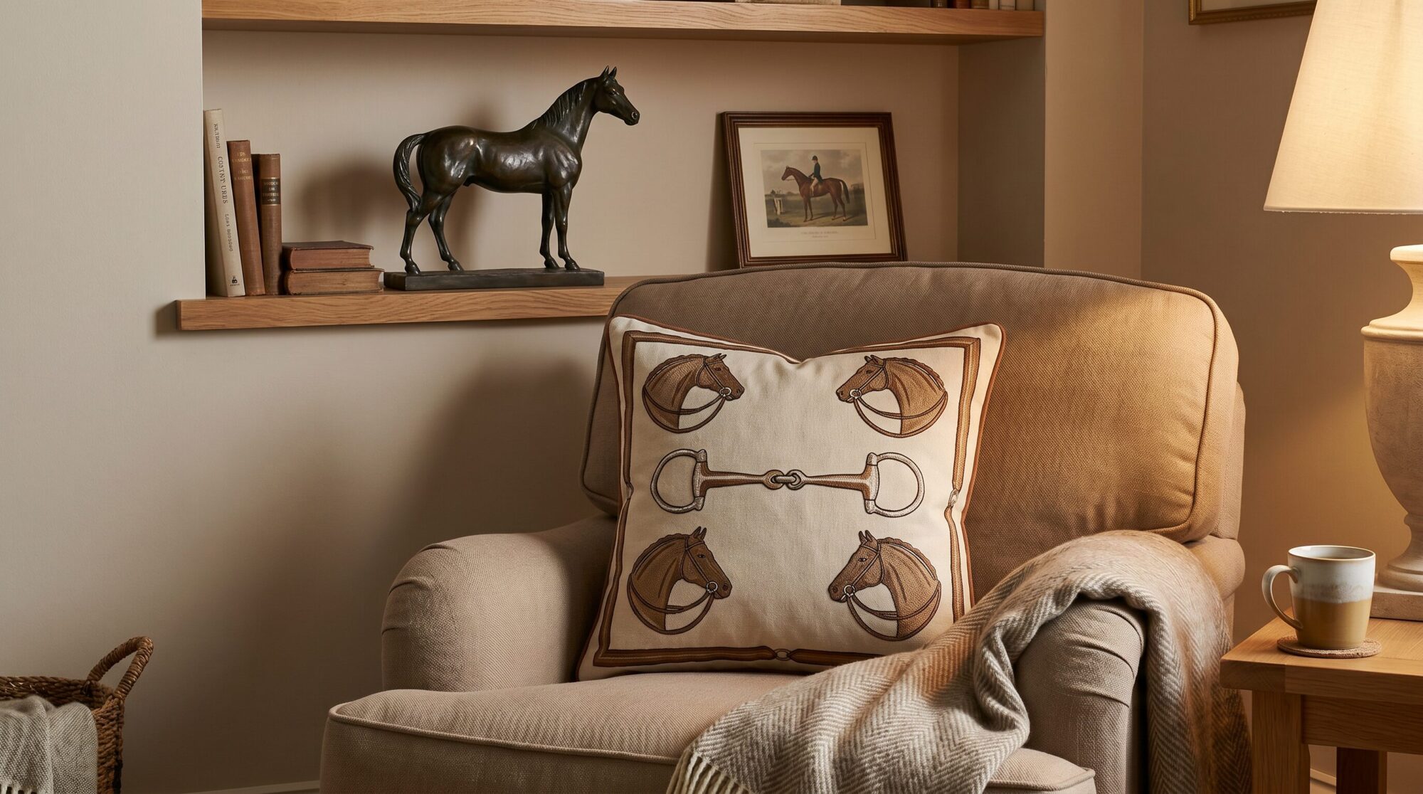 Cozy living room corner with an equestrian throw pillow and horse sculpture