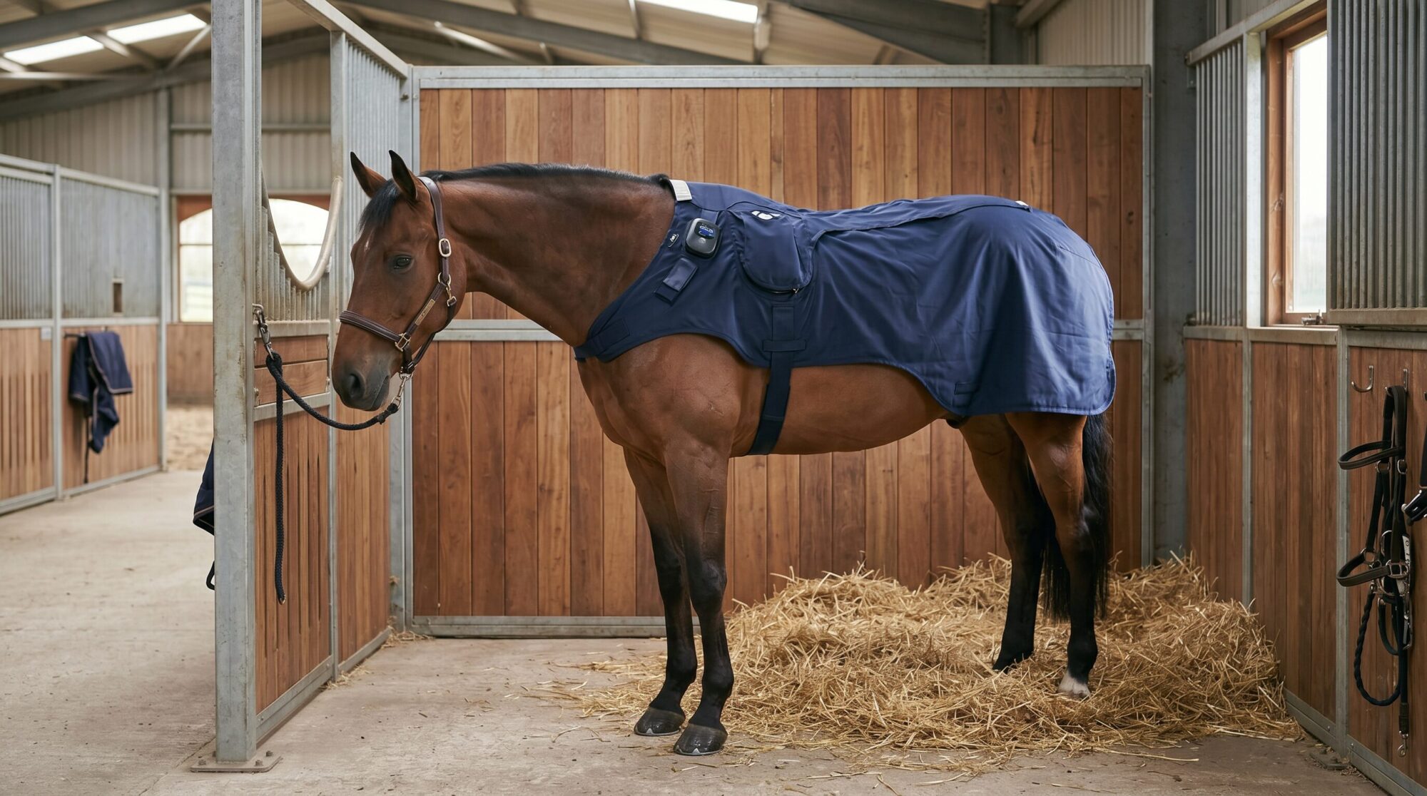 Horse wearing a magnetic therapy sheet over its back in a paddock