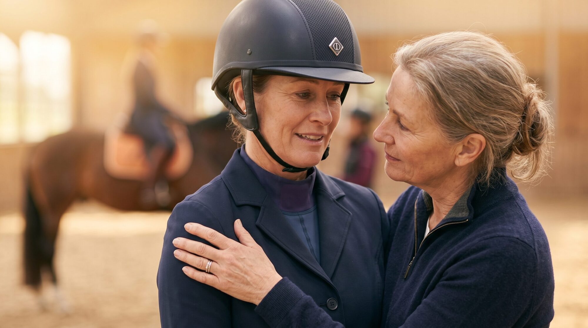 Barn mom comforting another mom with a hand on her shoulder near the arena