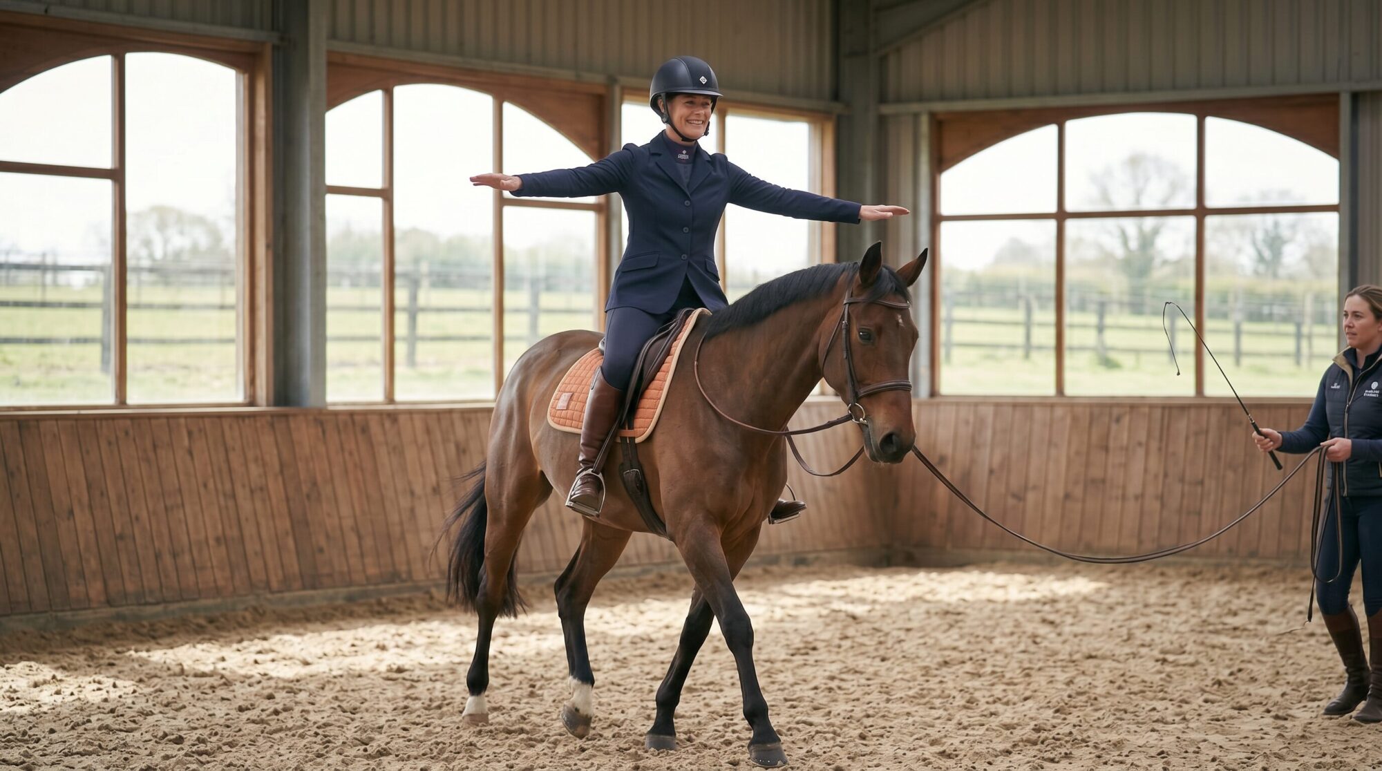 Rider on a lunge line with reins draped and arms out for balance practice