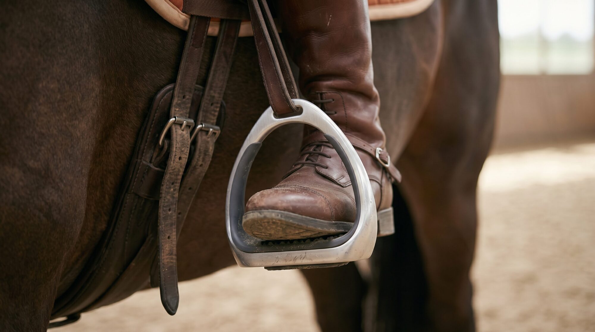 Close-up of a riding boot in a modern S-shaped safety stirrup