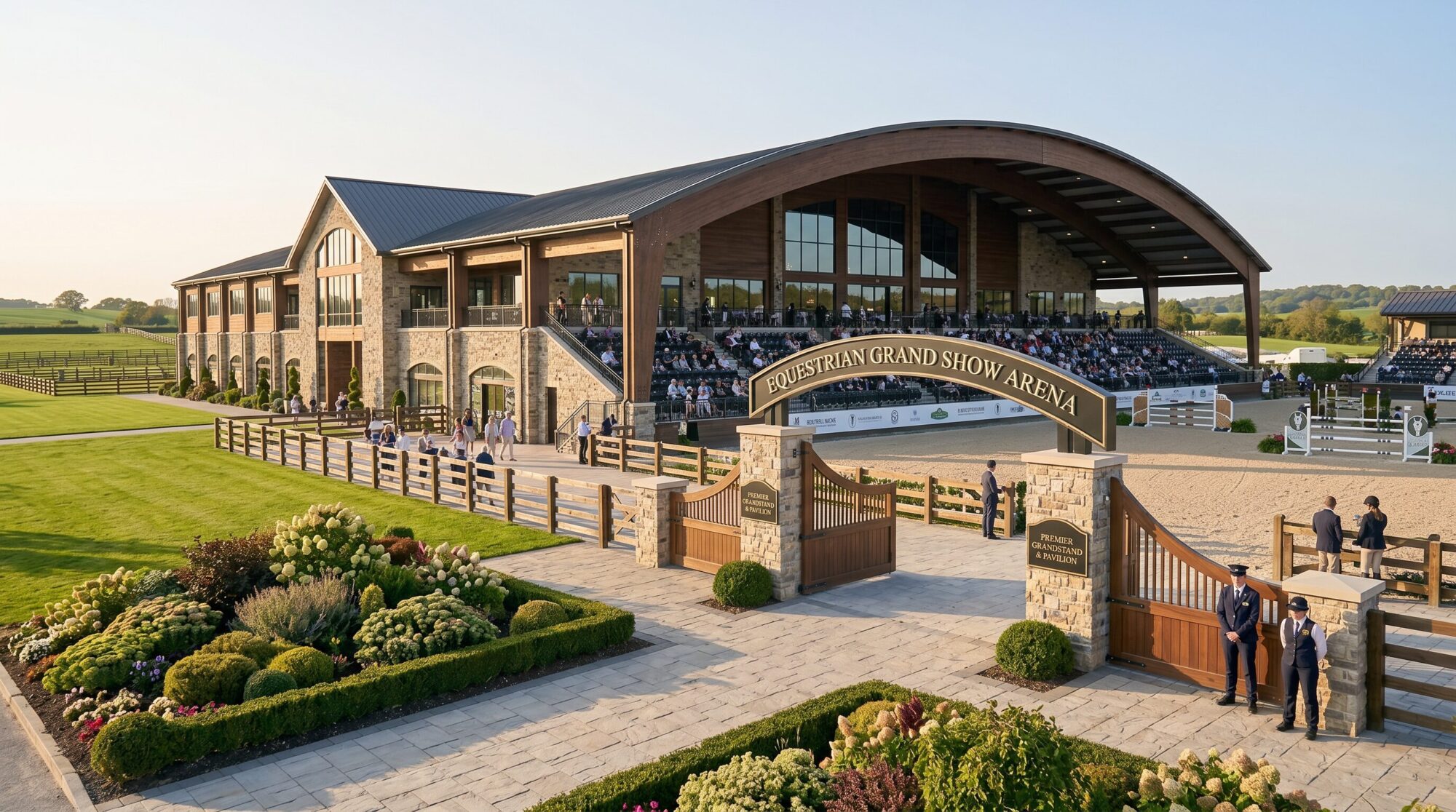 Grand equestrian show arena entrance with stone columns and landscaped gardens at a Florida horse show facility
