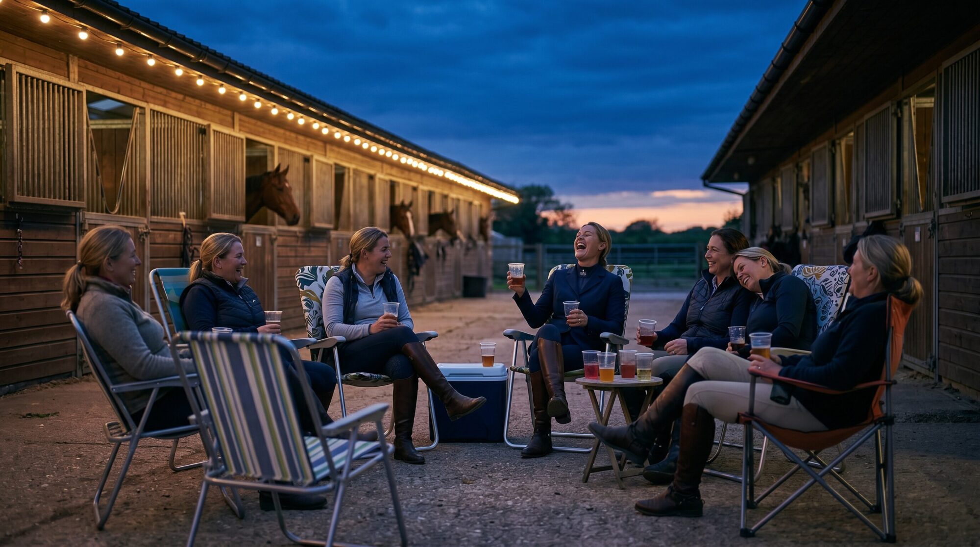 Group of barn moms relaxing in lawn chairs outside horse stalls at dusk during a show weekend