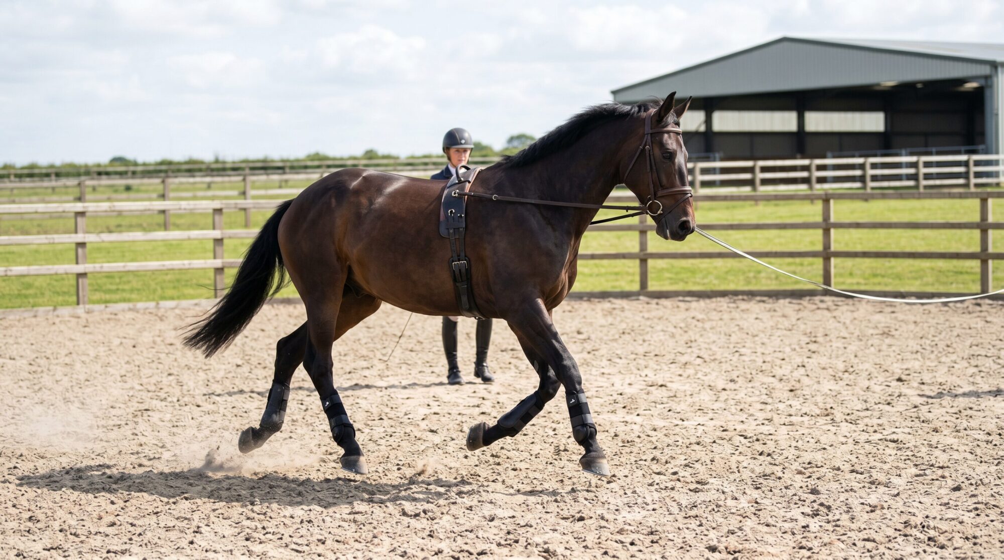 Horse lunging on a long line in an outdoor arena wearing splint boots