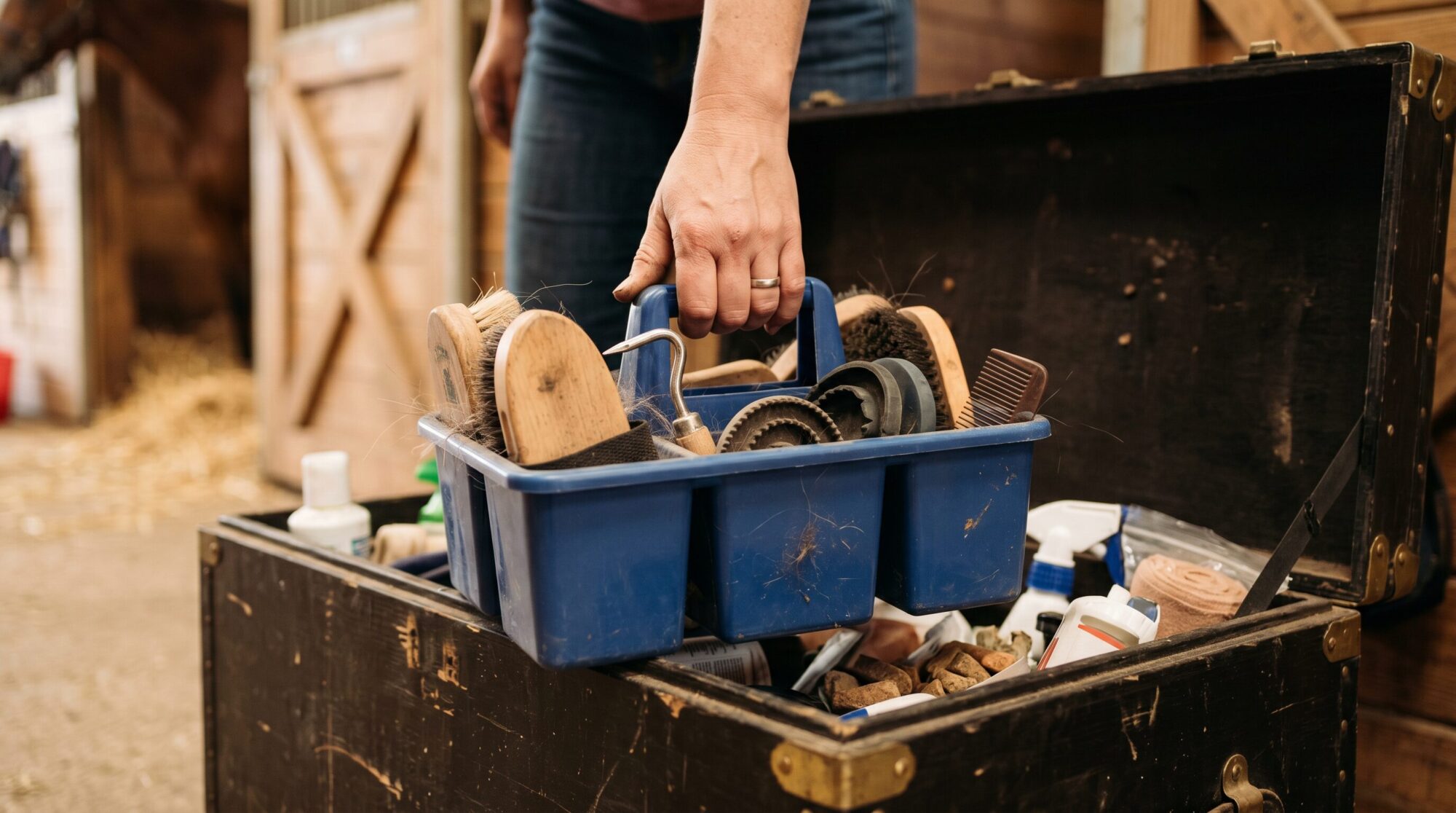 Barn mom pulling a grooming kit caddy out of a tack trunk