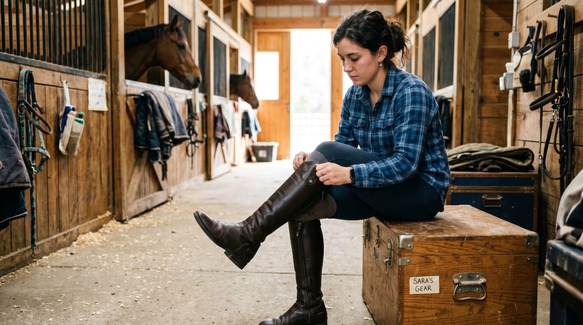 Woman pulling on tall riding boots while sitting on a tack trunk in a barn aisle, horses looking out from their stalls