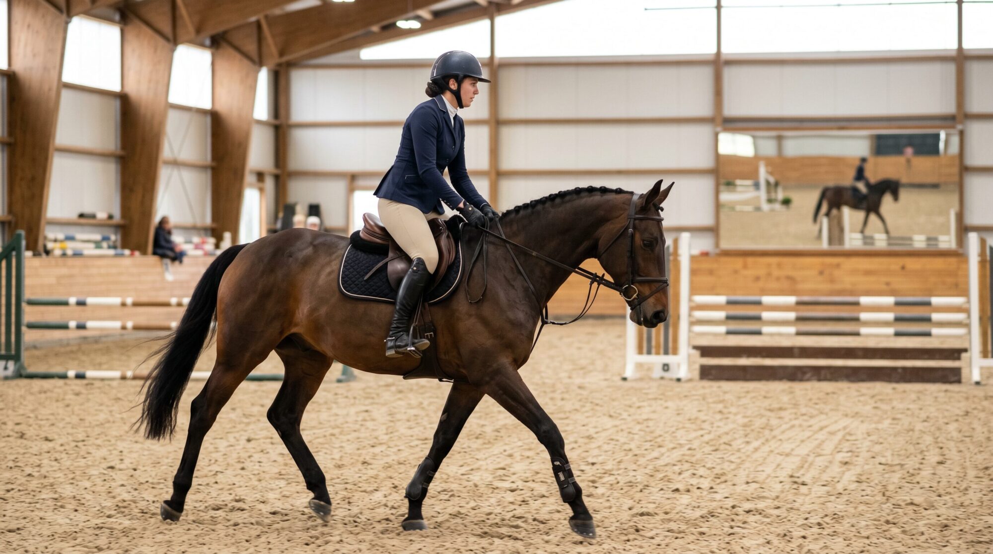 Rider in sitting trot checking her position in an arena mirror inside an indoor riding arena