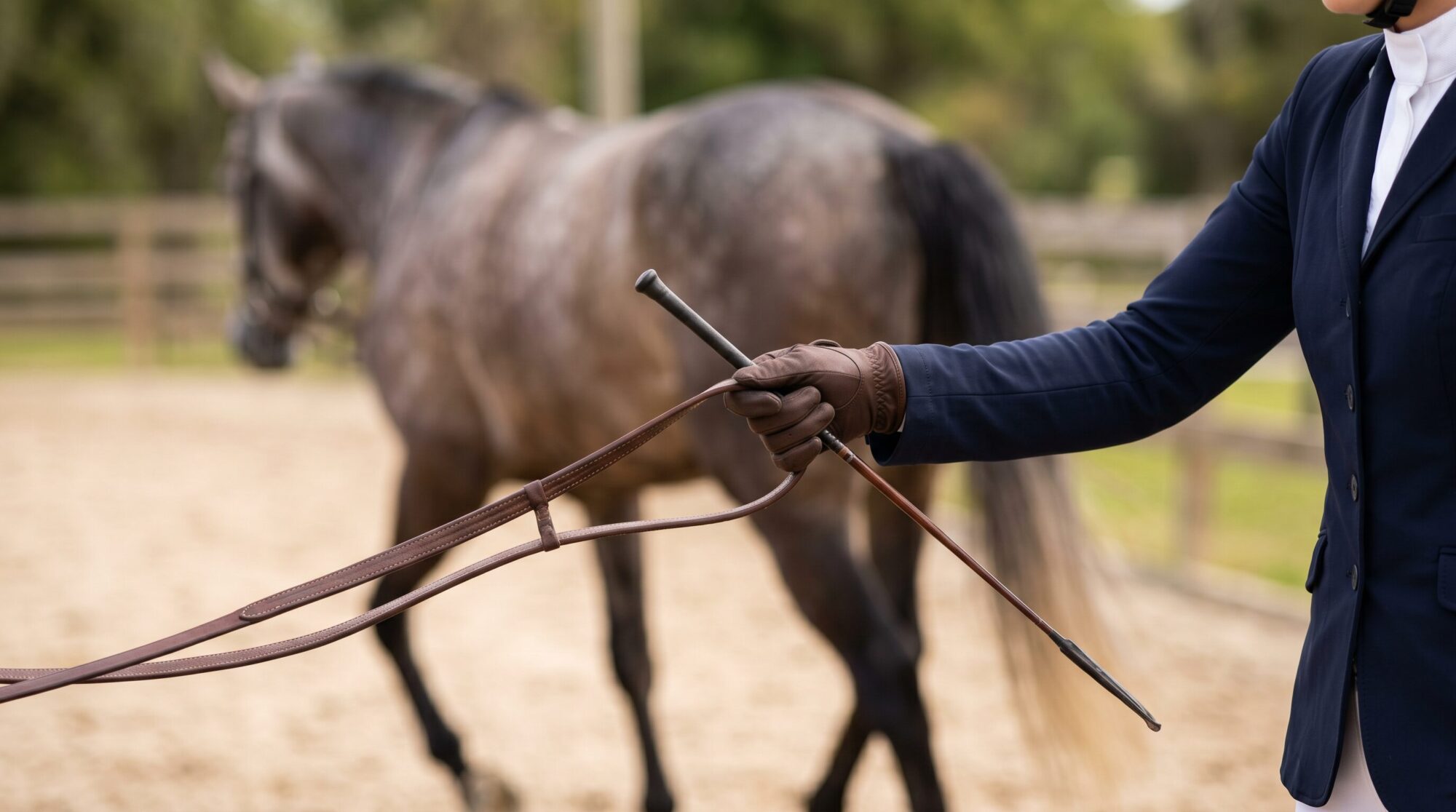 Close-up of a rider's gloved hand holding a dressage whip and reins, horse blurred in the background
