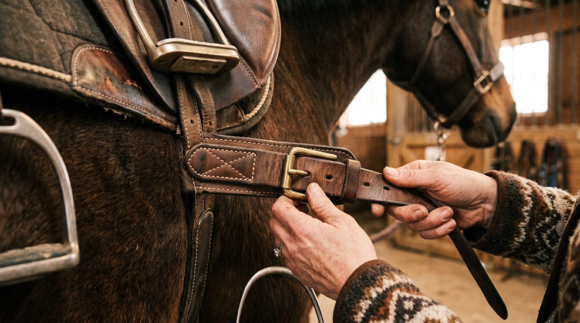 Close-up of hands fastening a girth buckle on a saddled horse