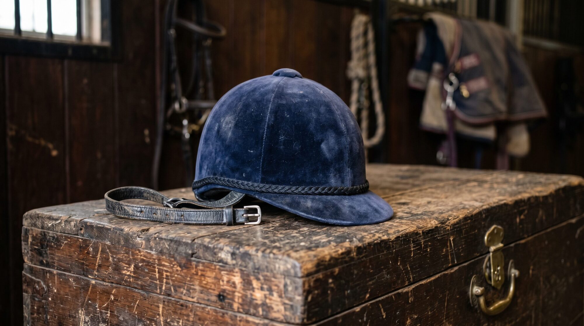 Close-up of a riding helmet and browband resting on a weathered wooden tack trunk