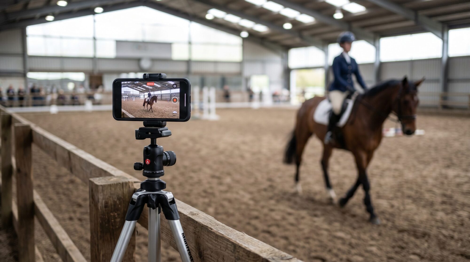 Smartphone mounted on a tripod filming a rider schooling her horse in an indoor arena