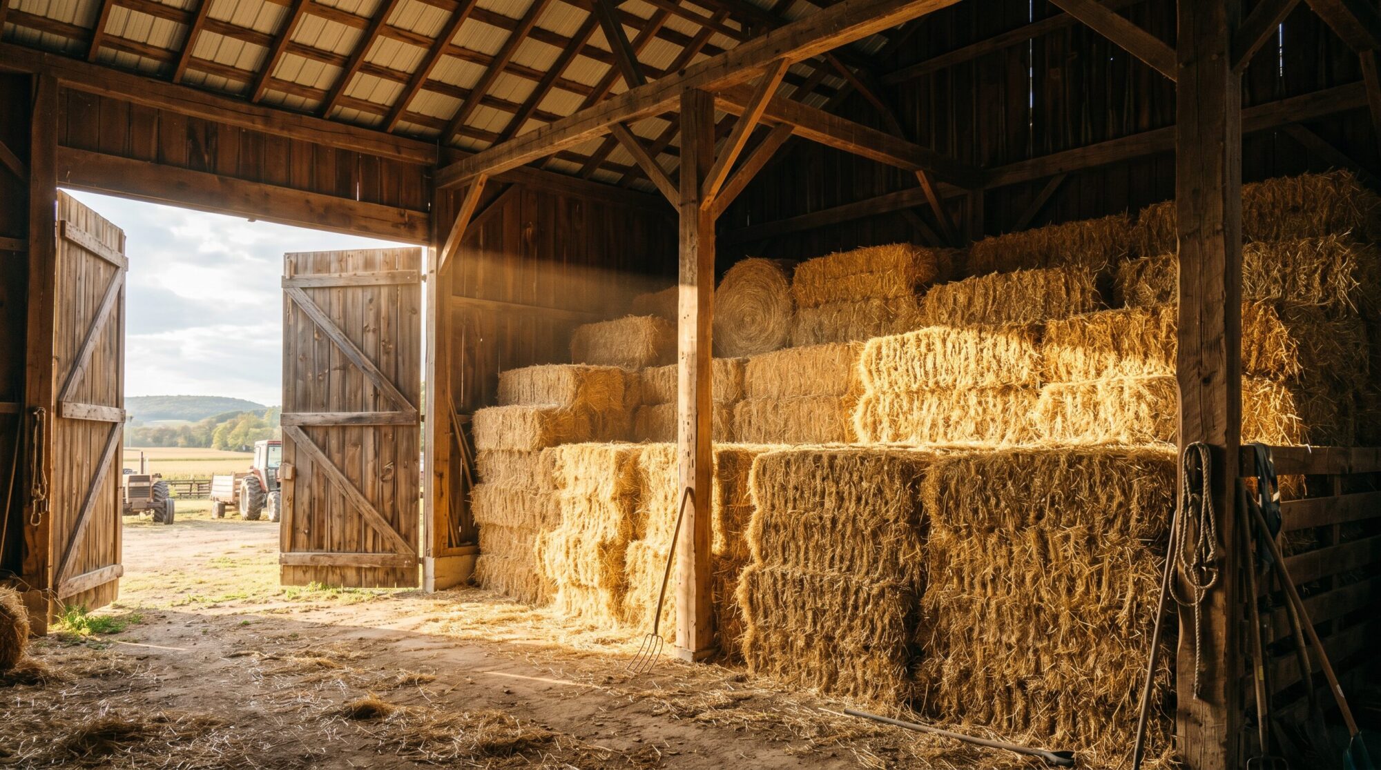 Large stacks of golden hay bales organized in a barn storage area with warm light