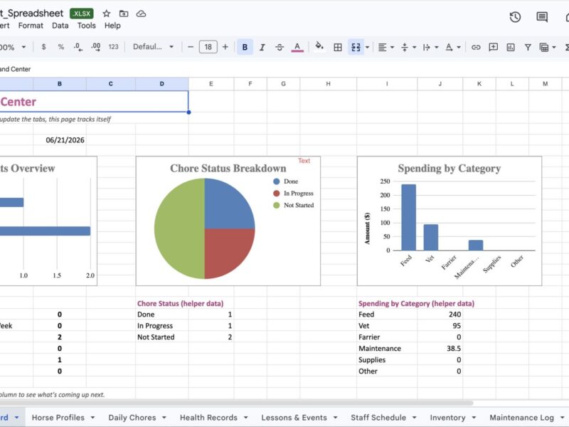 Barn Management Spreadsheet Dashboard tab showing live charts for chore status and spending by category