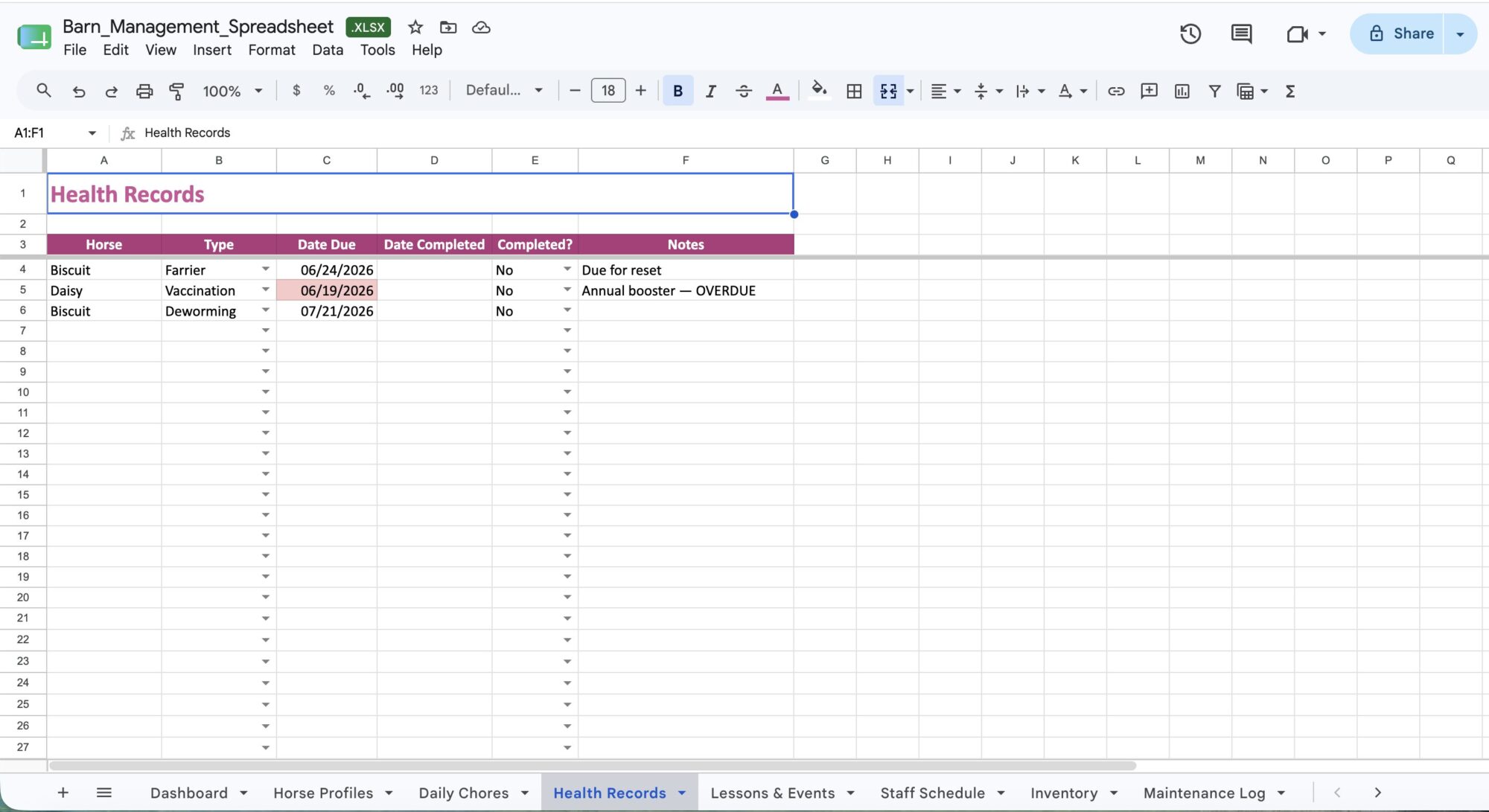 Barn Management Spreadsheet Health Records tab flagging an overdue vaccination in red