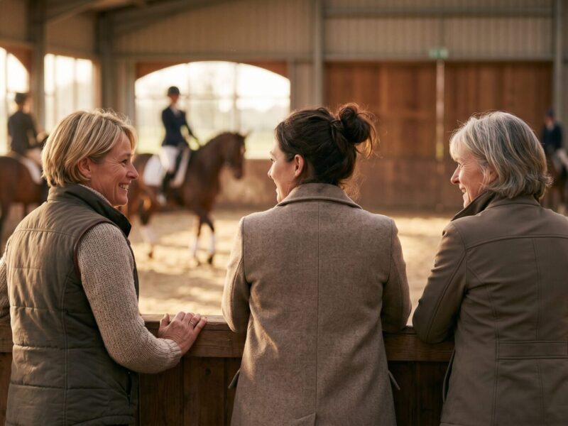 Two barn moms standing at the arena rail watching a riding lesson