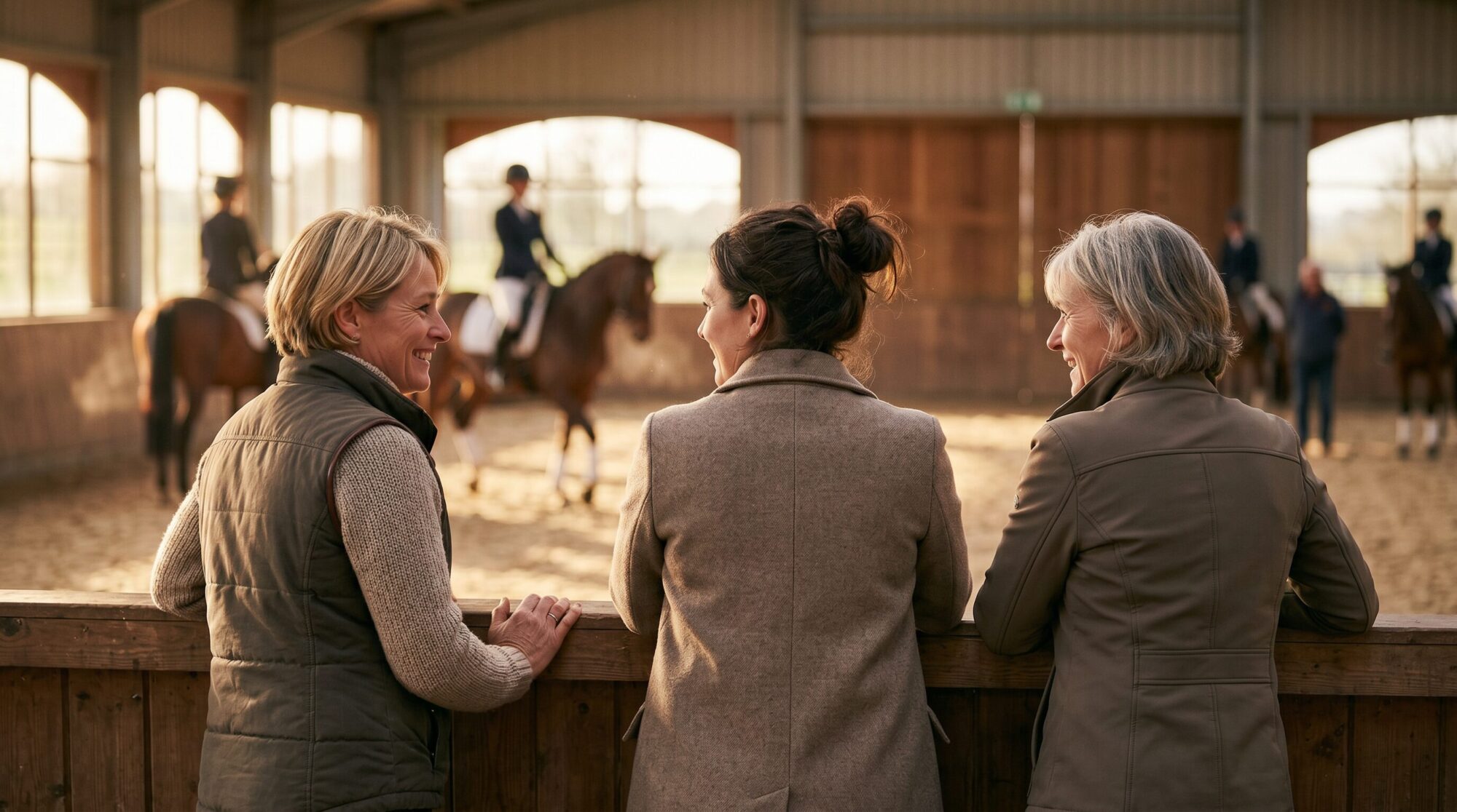 Two barn moms standing at the arena rail watching a riding lesson