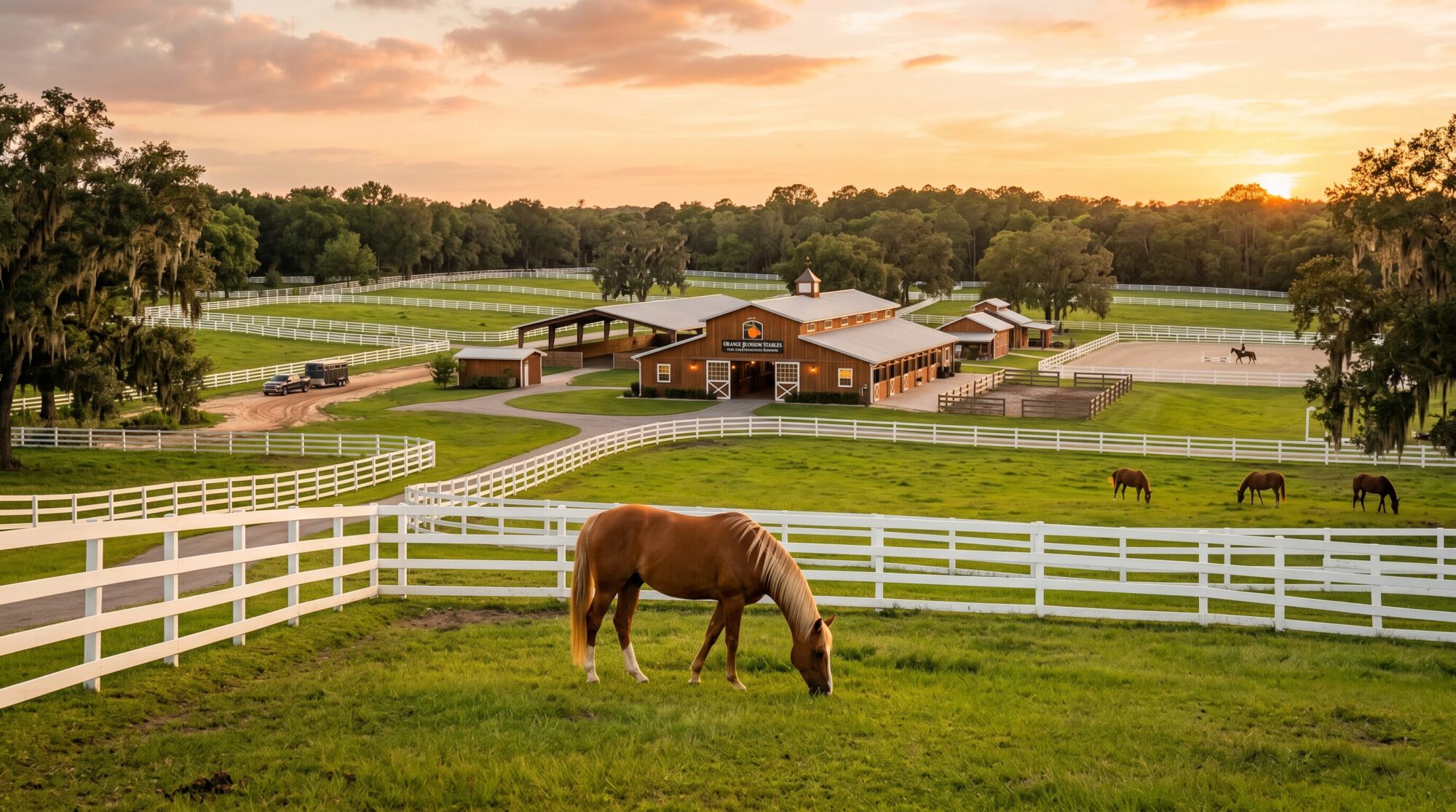 Wide shot of a beautiful horse boarding facility at golden hour with green paddocks, white fencing, and a chestnut horse grazing
