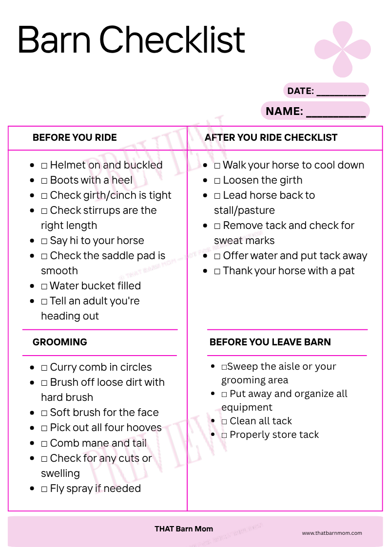 Barn Checklist printable preview with PREVIEW watermark, boxed-grid layout