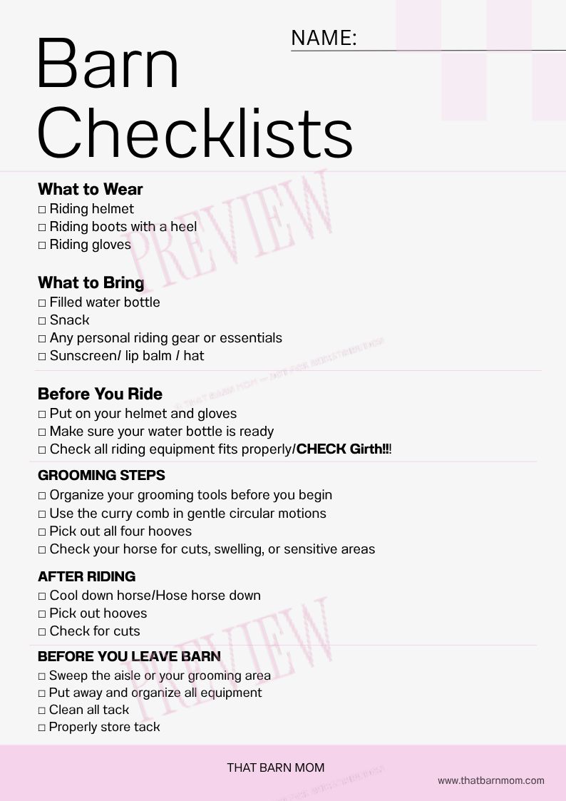 Barn Checklists printable preview with PREVIEW watermark