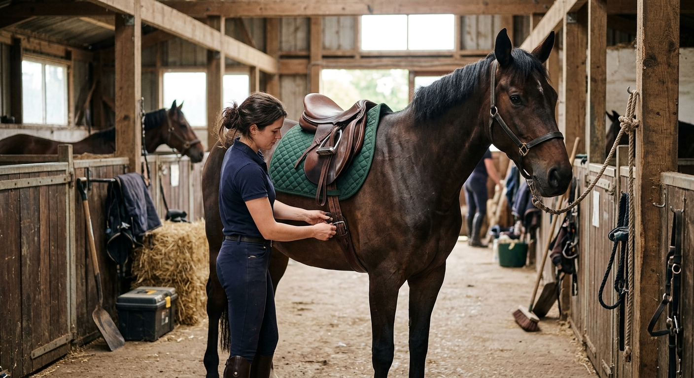 Rider tacking up a horse with saddle pad and girth in a barn aisle
