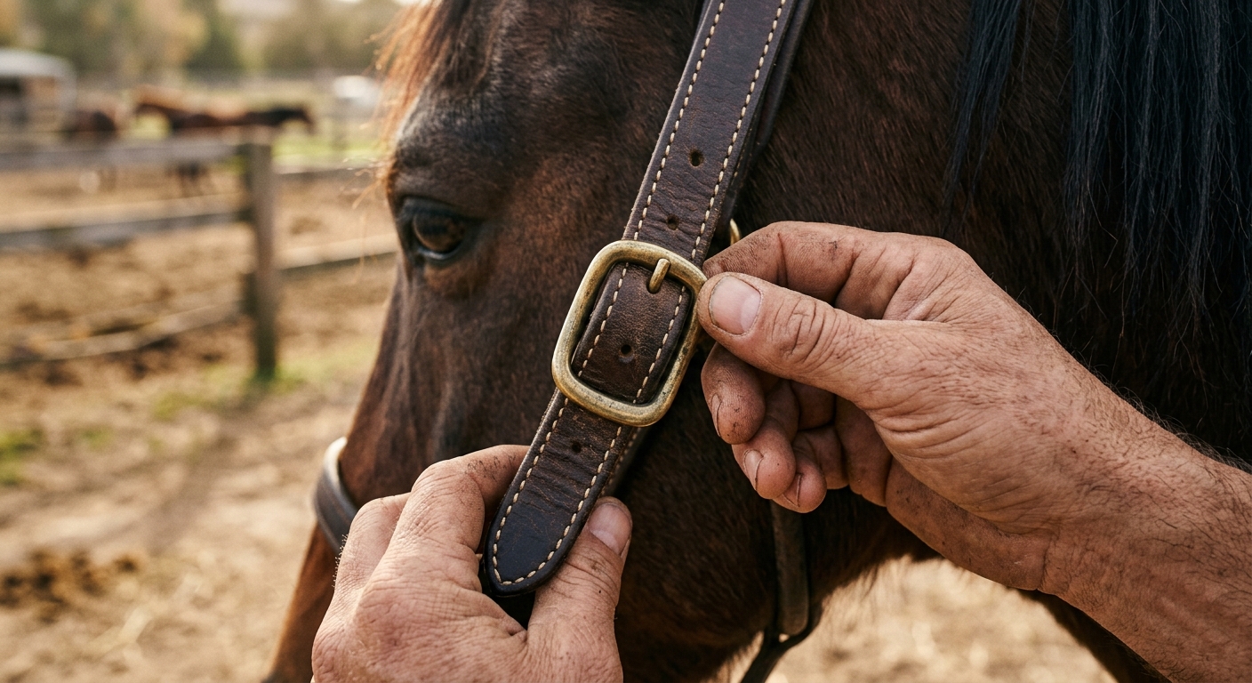 Close-up of hands buckling a leather horse bridle