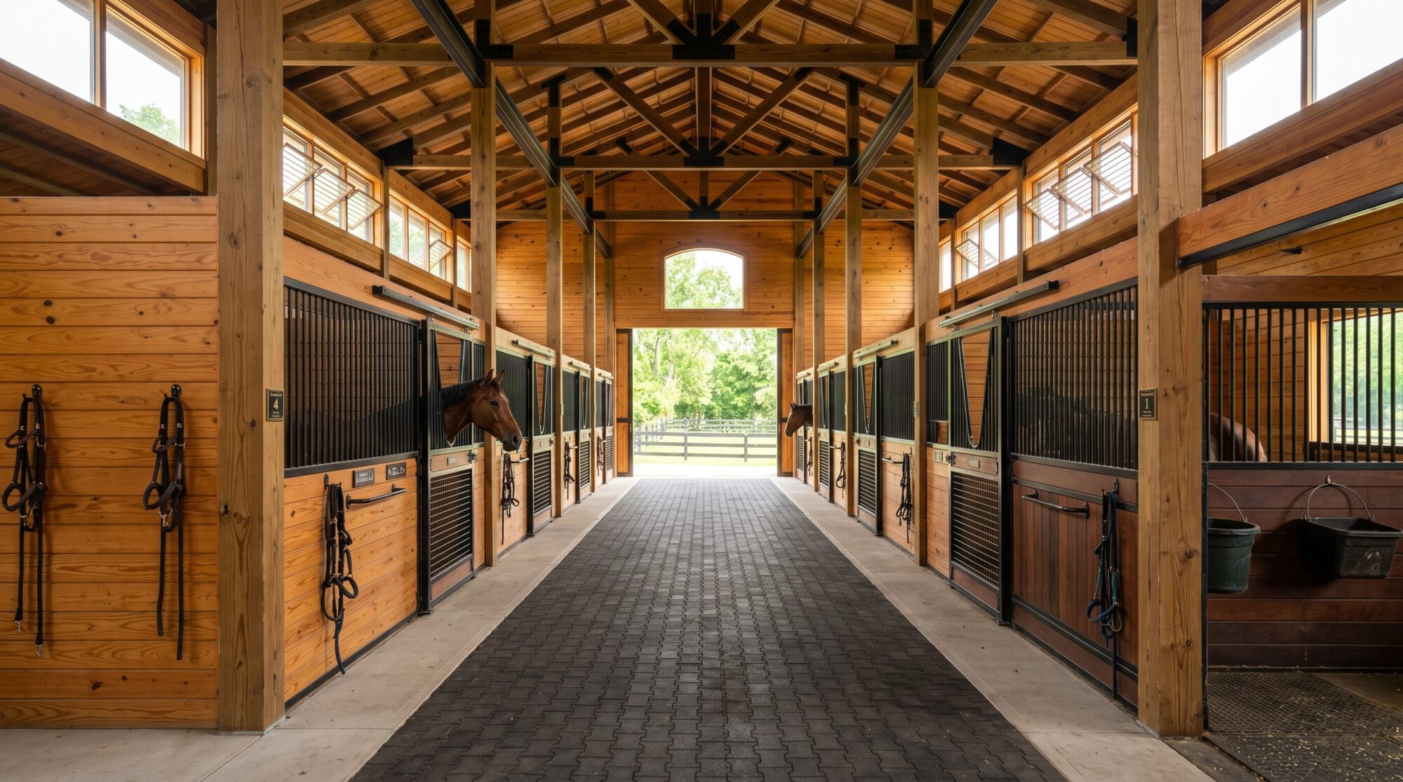Interior of a wood-beamed horse barn aisle with stalls and horses looking out