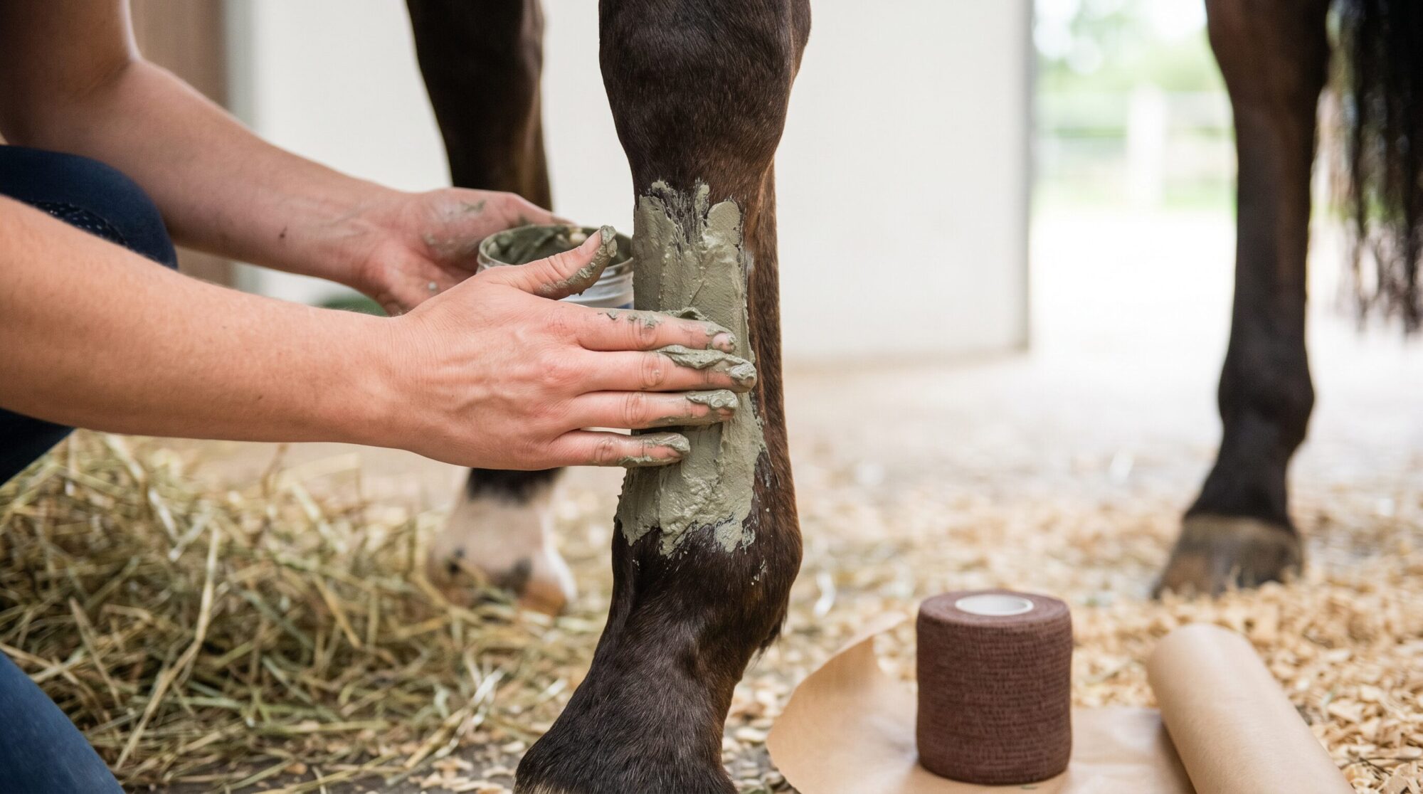 Close-up of hands applying a clay poultice to a horse's leg before wrapping