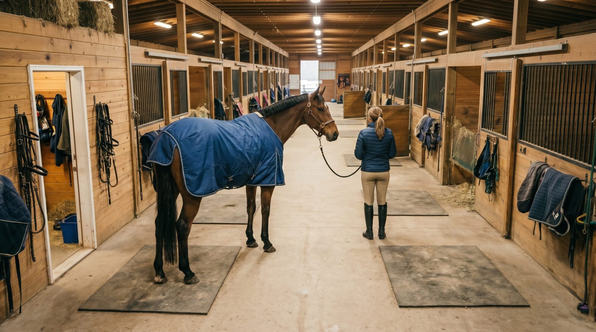 Woman leading a blanketed horse down a clean, well-organized boarding barn aisle