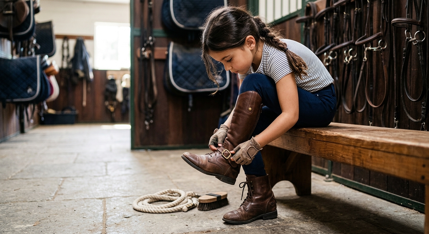 A young rider sitting happily on a safe lesson pony