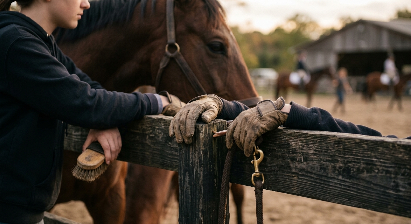 A horse grazing peacefully in a green pasture, representing a step back from competitive pressure