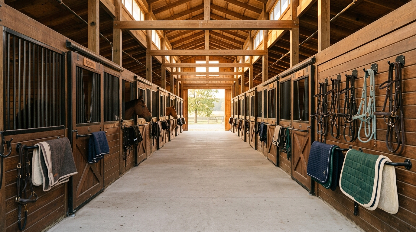 Barn aisle with bridles, halters, and saddle pads hanging on hooks