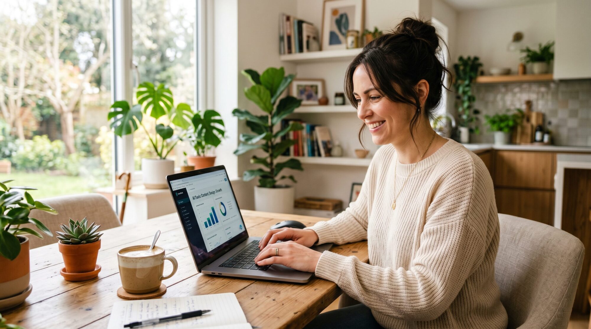 Smiling woman working on laptop at a bright kitchen table with coffee nearby