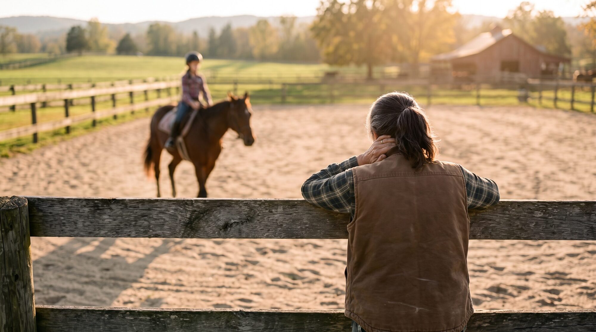 Barn mom watching her daughter ride a horse in an arena, looking emotionally tired but proud