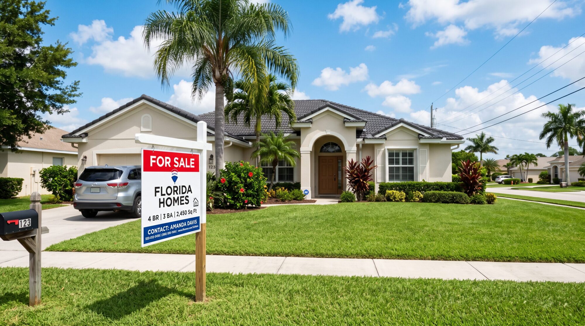 For Sale sign in front of a well-maintained Florida home on a sunny day with green lawn