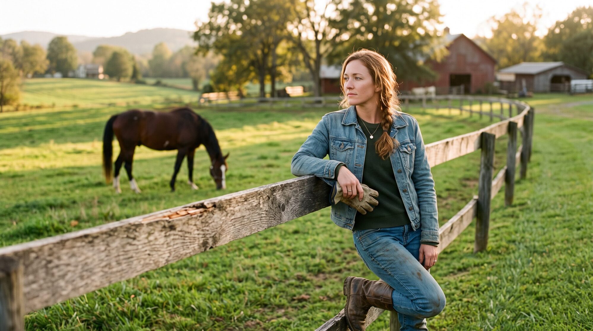 Barn mom leaning against a wooden fence rail at a horse farm, looking into the distance with a tired expression