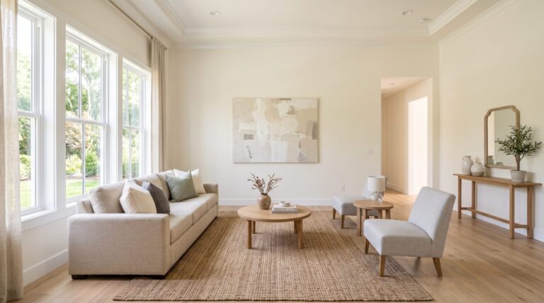 Bright freshly staged living room with neutral tones and natural light for a home listing
