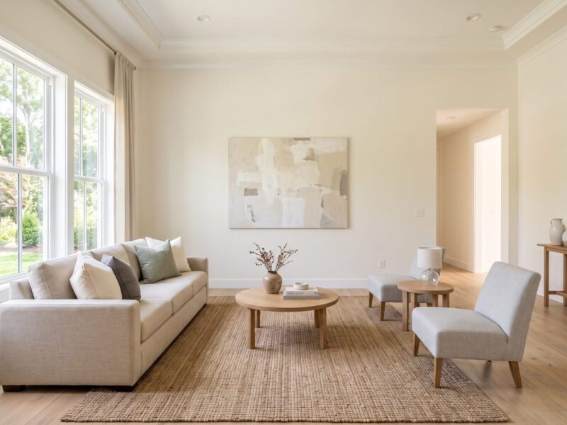 Bright freshly staged living room with neutral tones and natural light for a home listing