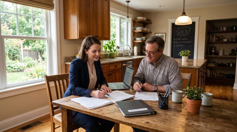 Real estate agent and homeowner reviewing pricing paperwork together at a kitchen table