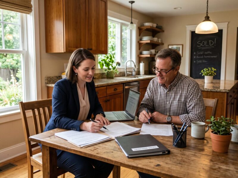 Real estate agent and homeowner reviewing pricing paperwork together at a kitchen table