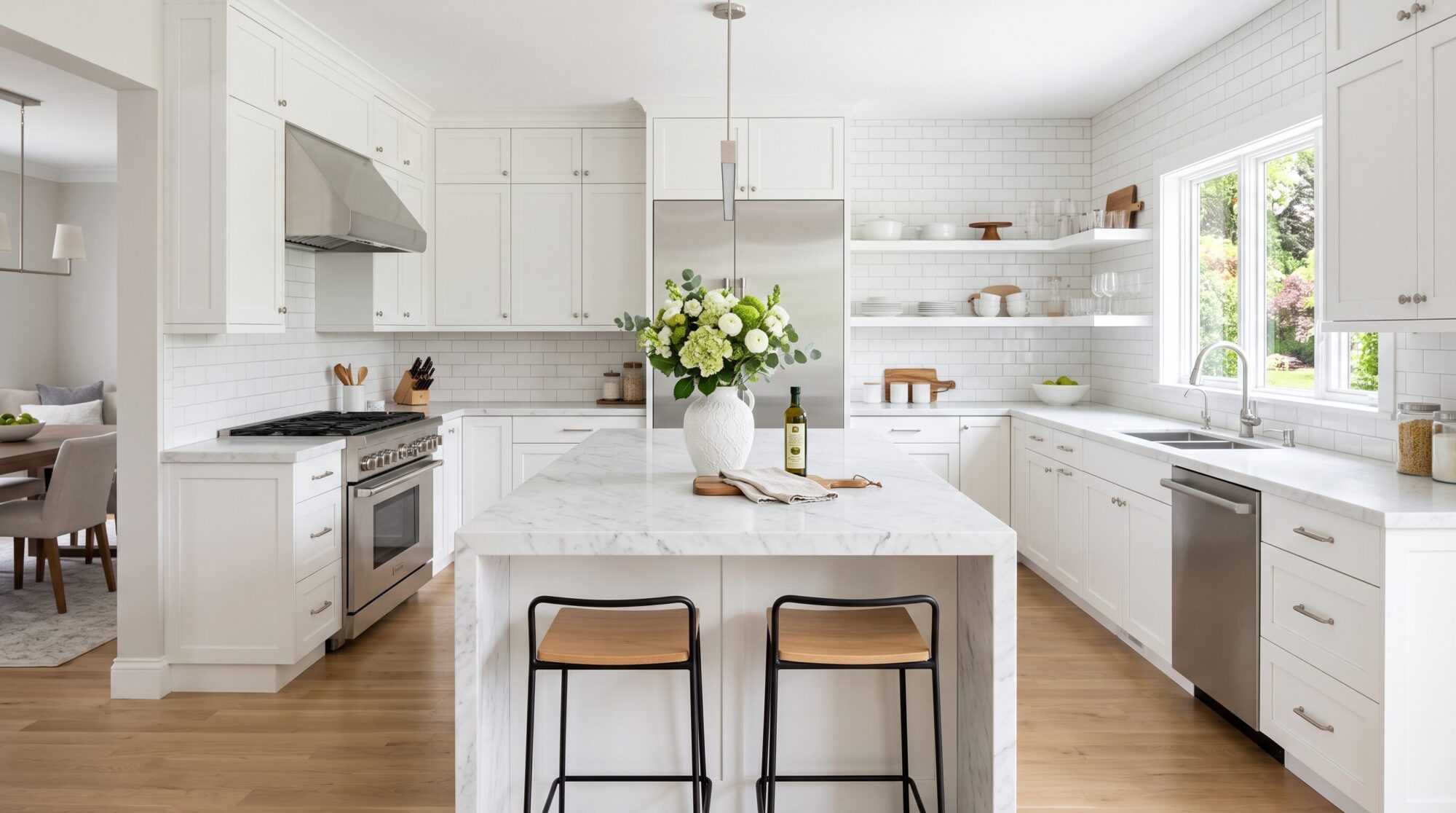 Sparkling clean modern kitchen staged for sale with clear countertops and fresh flowers