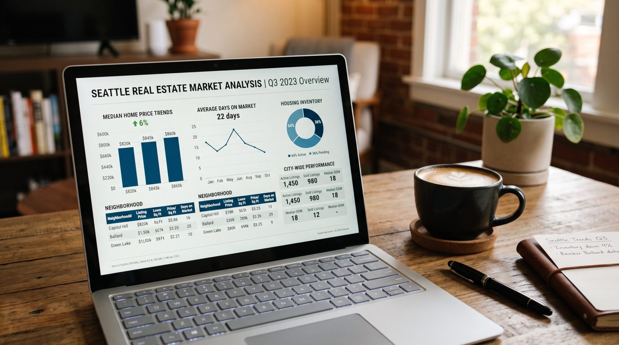 Close-up of a real estate market analysis on a laptop with coffee cup on a desk