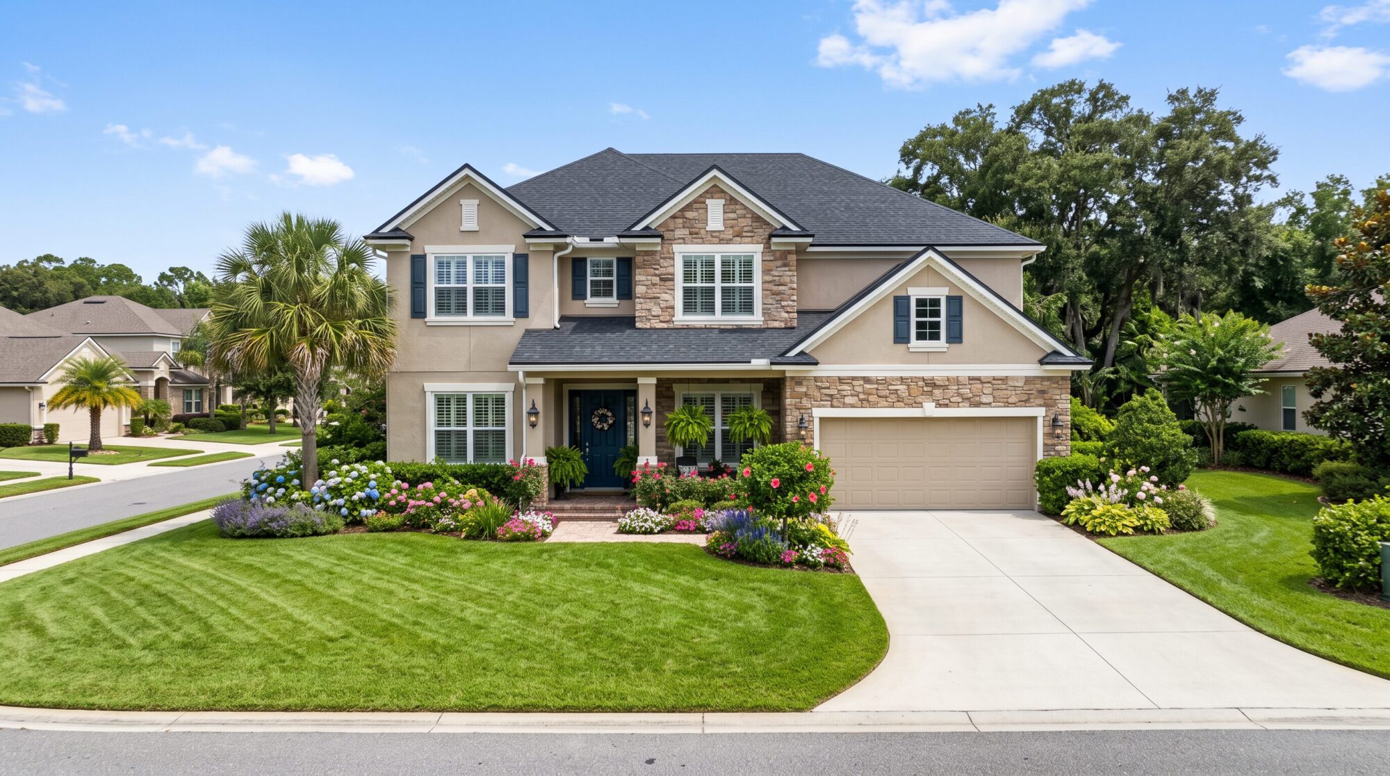 Well-maintained home exterior with great curb appeal, manicured lawn and welcoming front entry