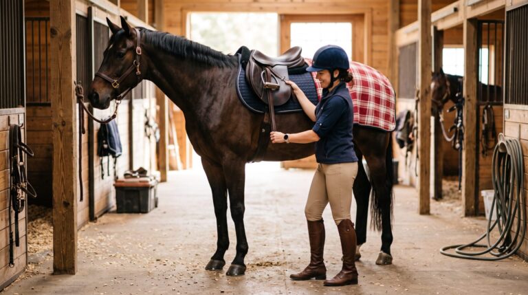 Rider in fitted breeches and a certified riding helmet tacking up a horse in a sunlit barn aisle
