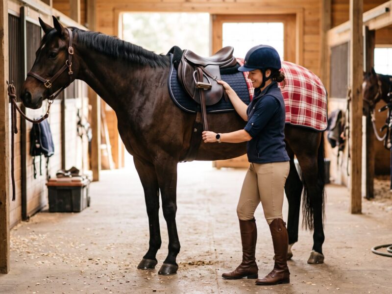 Rider in fitted breeches and a certified riding helmet tacking up a horse in a sunlit barn aisle